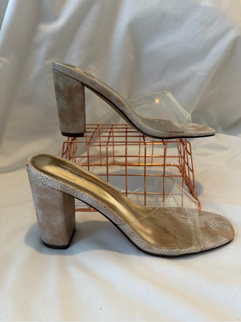 ShuShop Beige Snake-Print Clear Strap Block Heel Mules